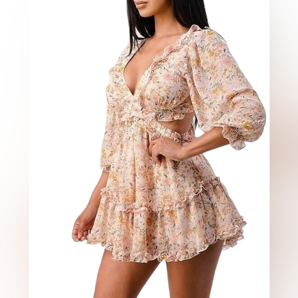 3/4 Sleeve Strappy Back Pink Floral Sexy Deep V-Neck Cut Out Mini Dress - Picture 4 of 13